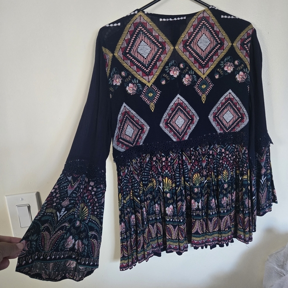 Aqua Navy and Colorful Embroidered Boho Blouse Skze XS - Picture 5 of 5